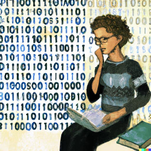 A watercolour type image of a student, in front of a background made from binary ones and zeros.