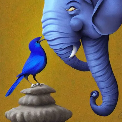 A blue bird going head-to-head with a light blue elephant.